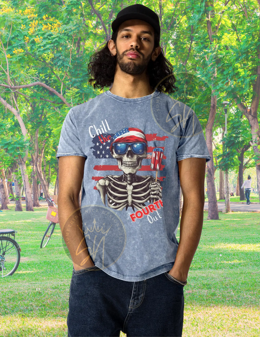 Chill the fourth out funny skeleton unisex Fourth of July denim t-shirt
